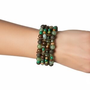 4 Strand Boho Bracelet Gold Tone   Brown Green Beads 1 1/2" Wide Mixed Media